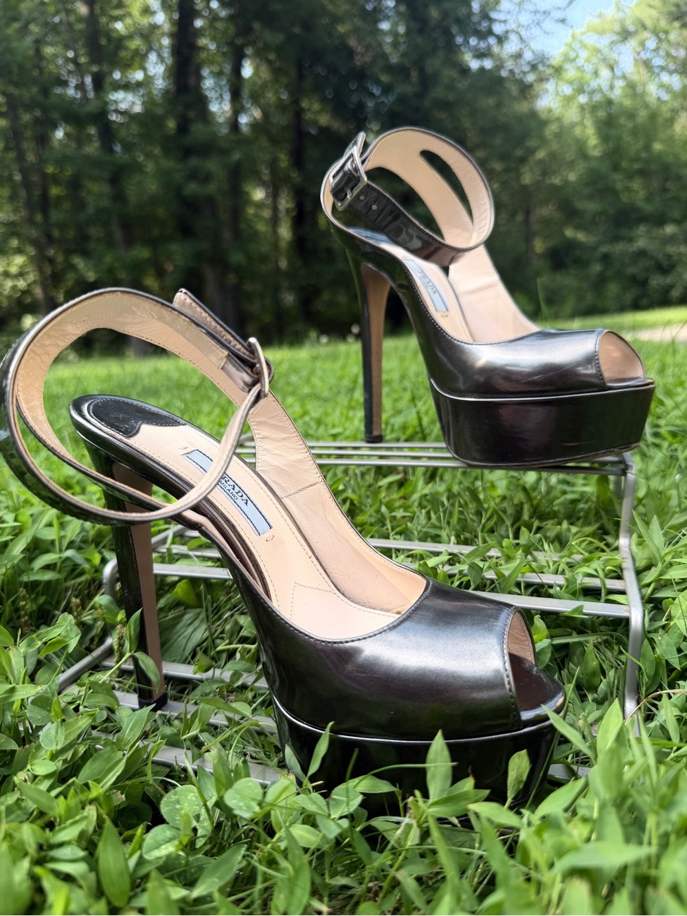 Prada Black Patent Leather Peep-Toe Platform Heels with Ankle Strap